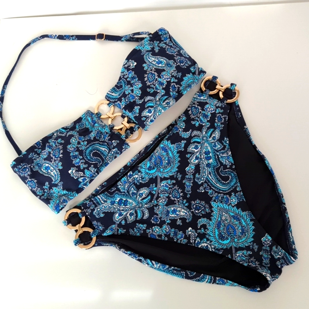 Michael kors two-piece Paisley swimsuit with gorgeous gold metal loops